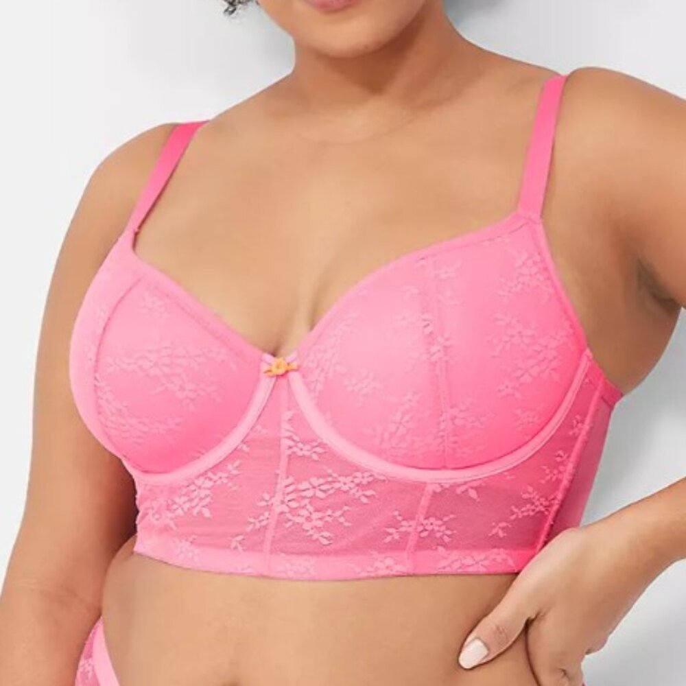 Cacique Lightly Lined Demi Underwire Bra Pink Floral Lace Women’s 34F Support